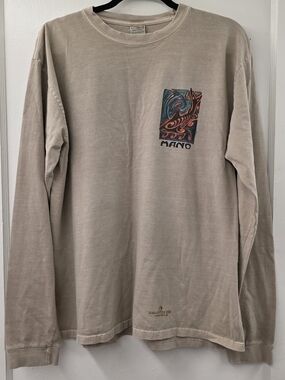 Crazy Shirts Hawaii MANO Shark Long Sleeve T Shirt Large Tan Graphic Back Print
